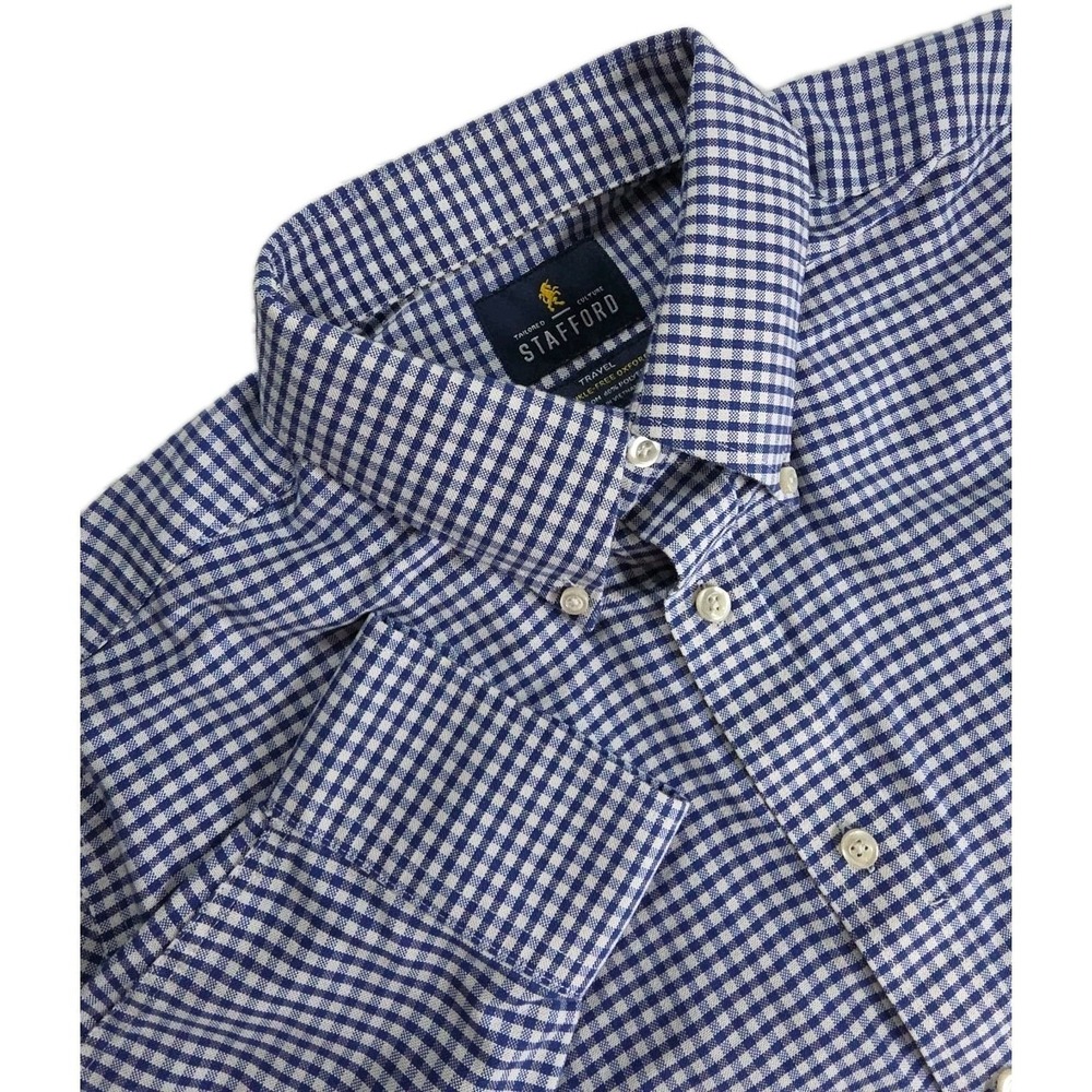 Stafford Wrinkle Free Oxford Men's LS Button BLUE Check Shirt Sz 16 1/2 -34/35